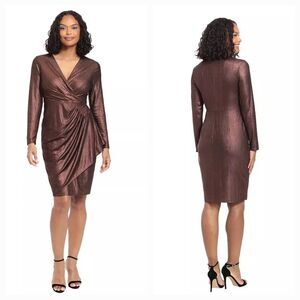New LONDON TIMES Women's (6) Metallic Copper Wrap Side Cascade Ruffle Dress $120